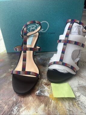 Betsey Johnson Black Sandals with Multicolor Crystal Straps